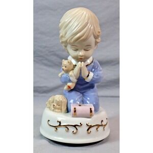 Porcelain Figurine Praying Boy with Teddy Dog Bible Blue Pajamas Gold Trim Decor